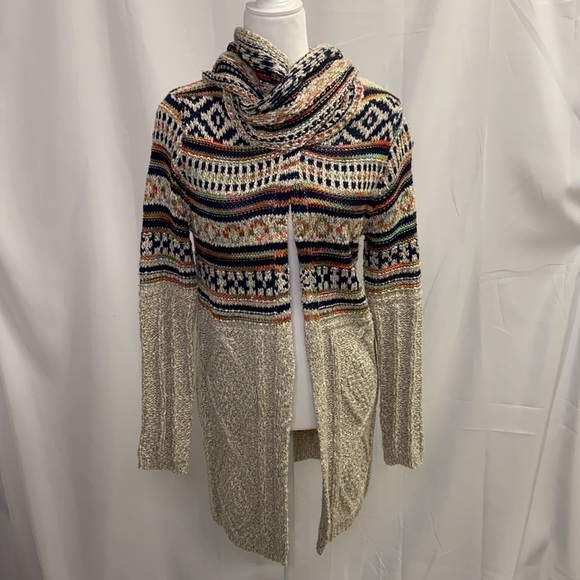 Onna Ehrlich Open Cardigan Sweater Duster With Attached Scarf Tan Multi XS/S - Picture 1 of 7